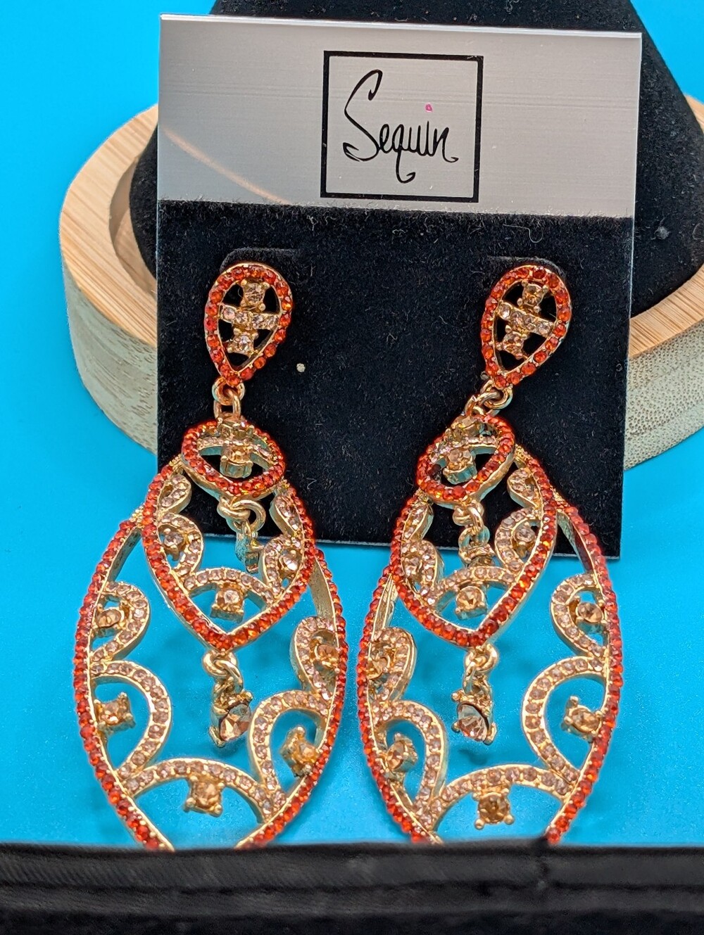 Sequin Gold-tone Orange Crystal Drop Earrings - Picture 2 of 4